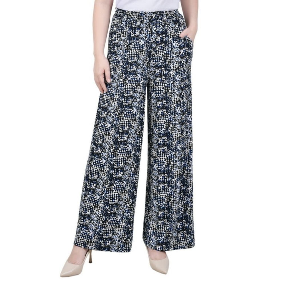 NY Collection Wide Leg Palazzo Pull On Pants, Black Navy Abstract, Size XL
